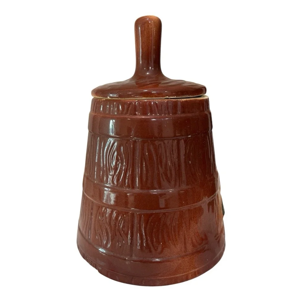 Vintage USA Ceramic Cookie Jar Canister Brown Floral Kitchen Storage 10